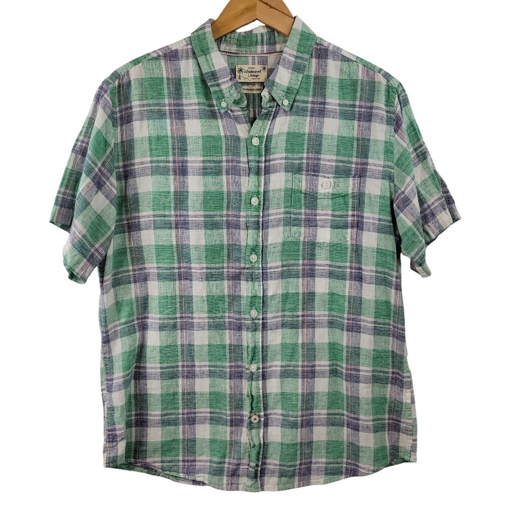 Weatherproof Vintage Men's Linen Cotton Shirt Green Blue Plaid Lightweight Sz Lg